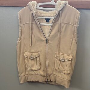 GAP Tan Hooded Vest with Faux Fur Lining